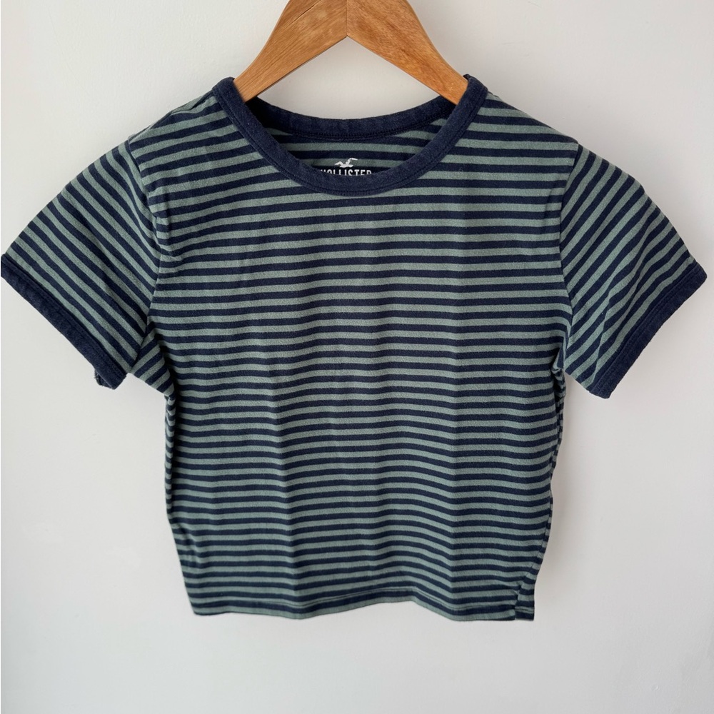 Hollister Navy and Green Striped Crop Top